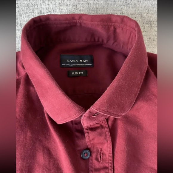 Zara Men Large Slim Fit Button Shirt in Maroon Red - Picture 2 of 4